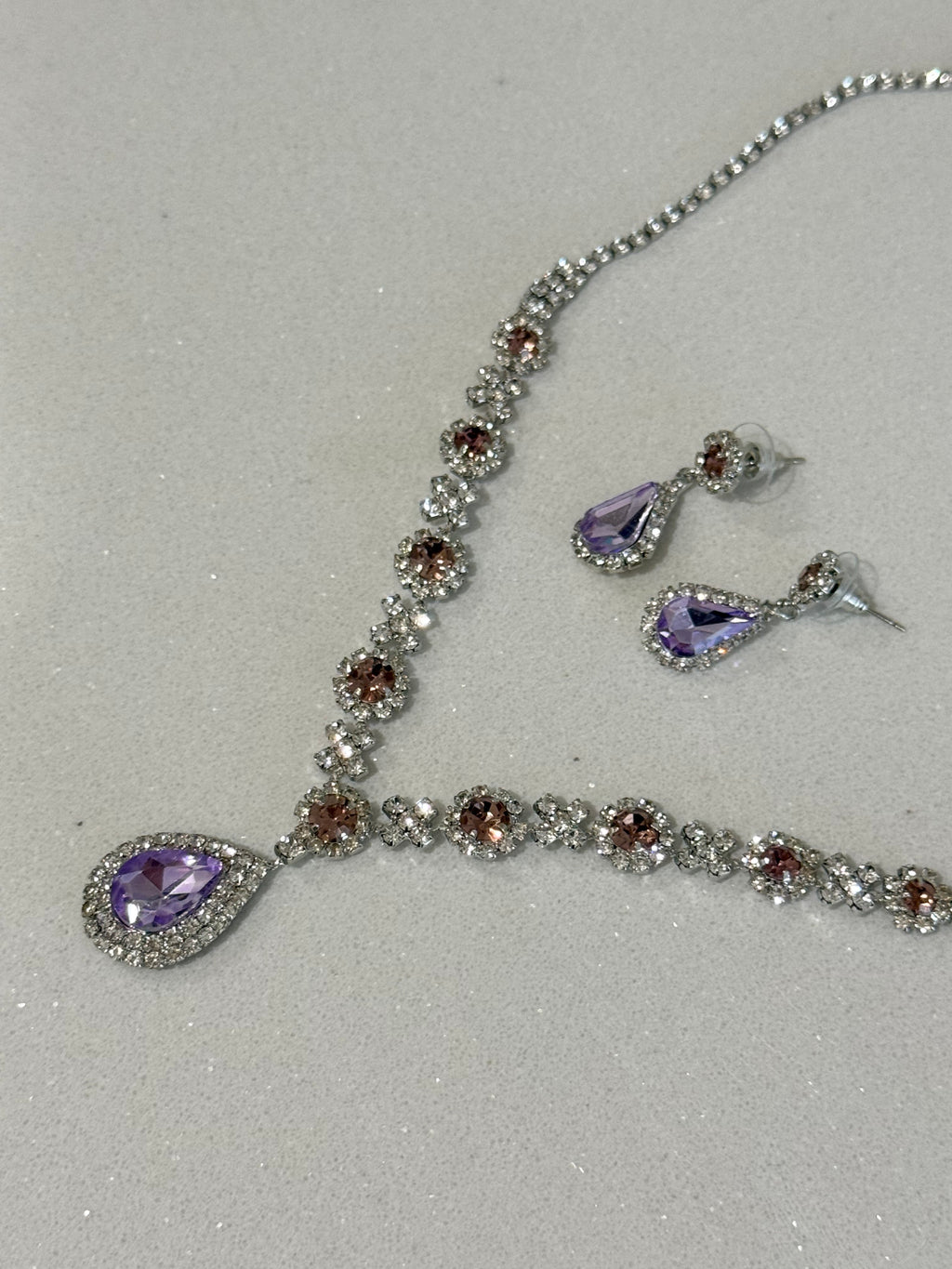 Purple Teardrop Diamond-Studded Earring and Necklace Set hypoallergenic jewelry| LetheLoom Jewelry