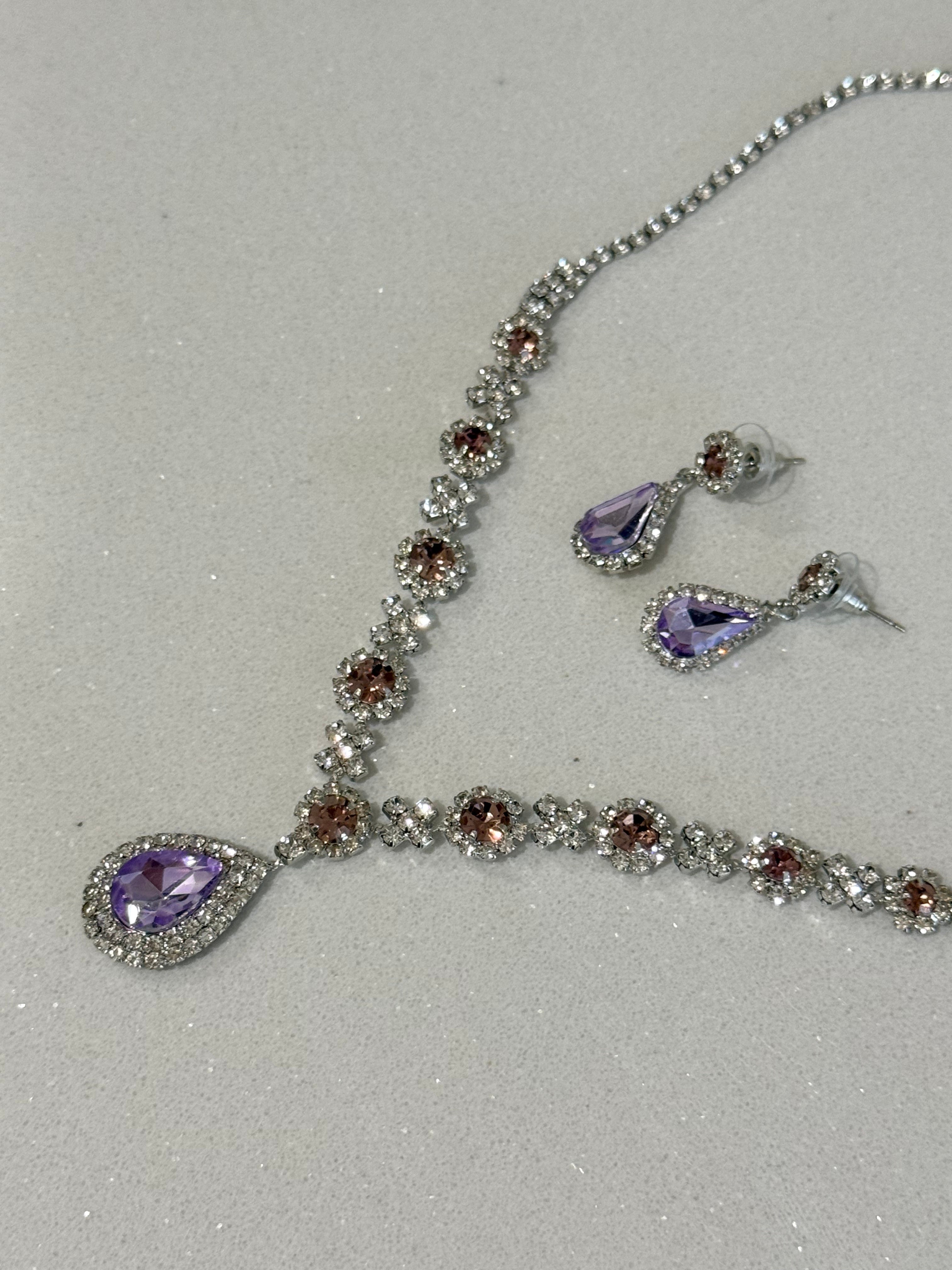 Purple Teardrop Diamond-Studded Earring and Necklace Set hypoallergenic jewelry| LetheLoom Jewelry