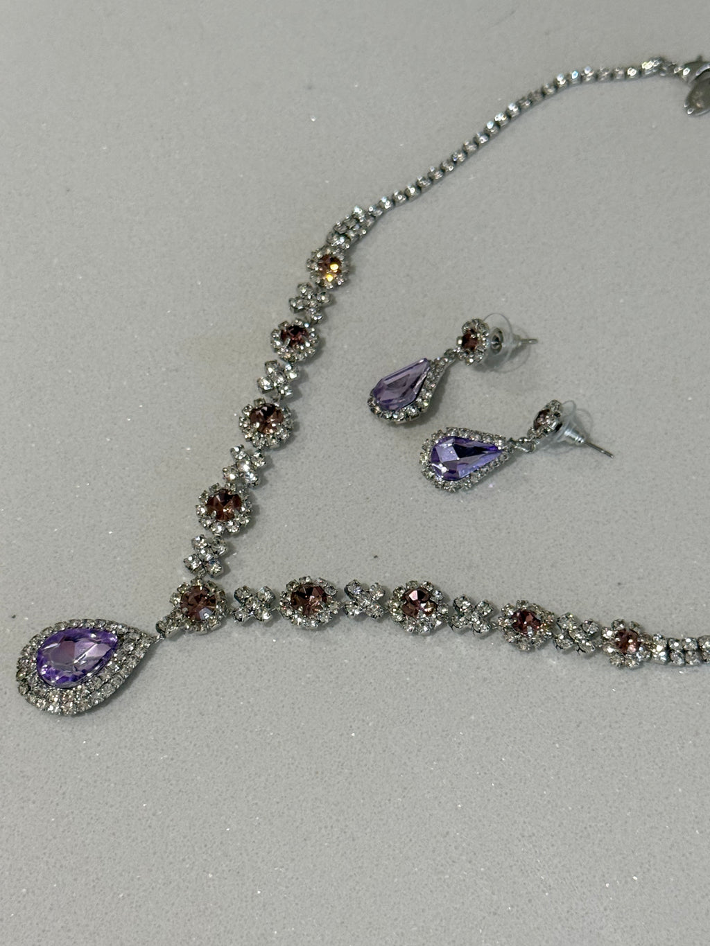 Purple Teardrop Diamond-Studded Earring and Necklace Set hypoallergenic jewelry| LetheLoom Jewelry