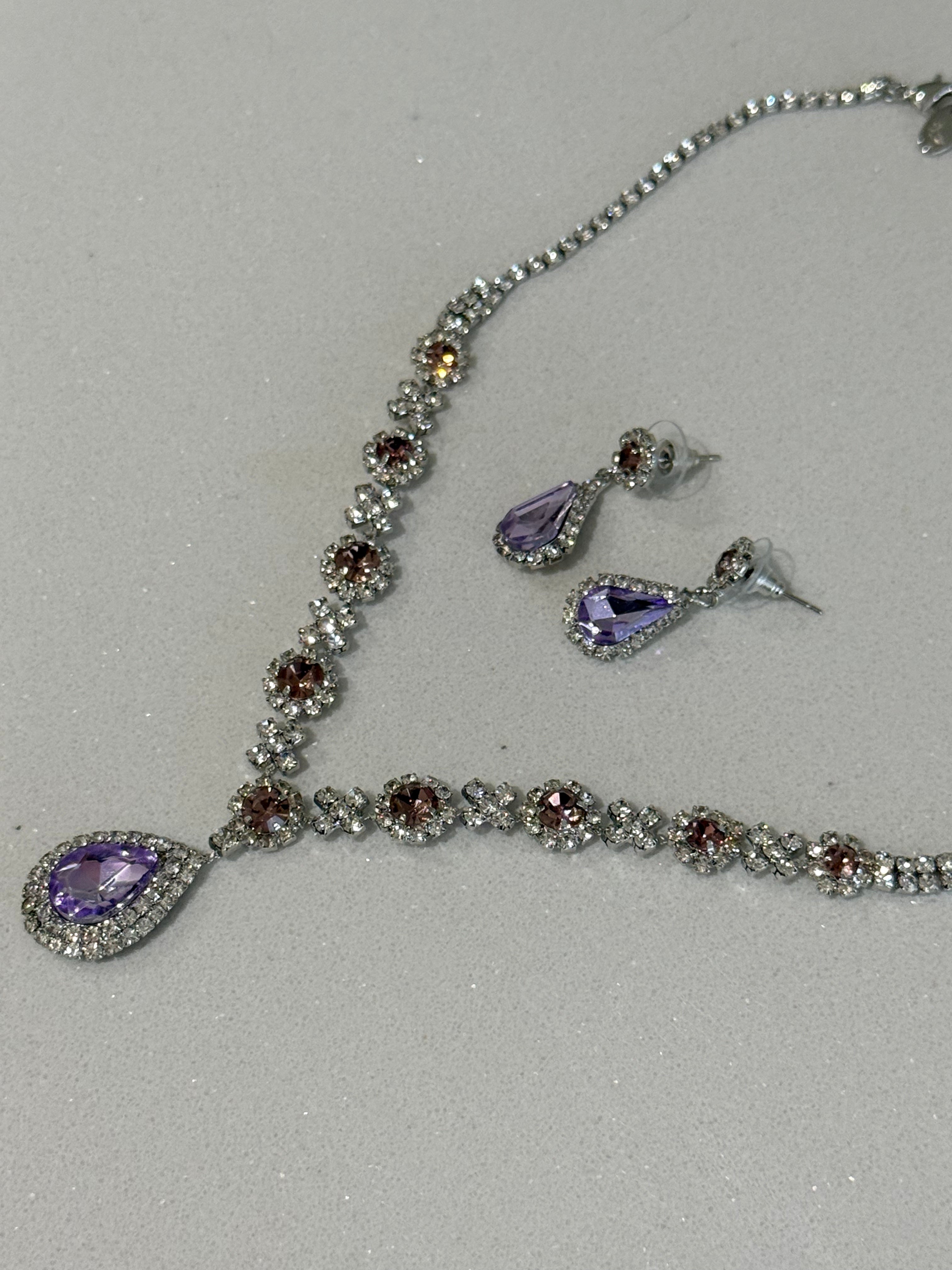 Purple Teardrop Diamond-Studded Earring and Necklace Set hypoallergenic jewelry| LetheLoom Jewelry