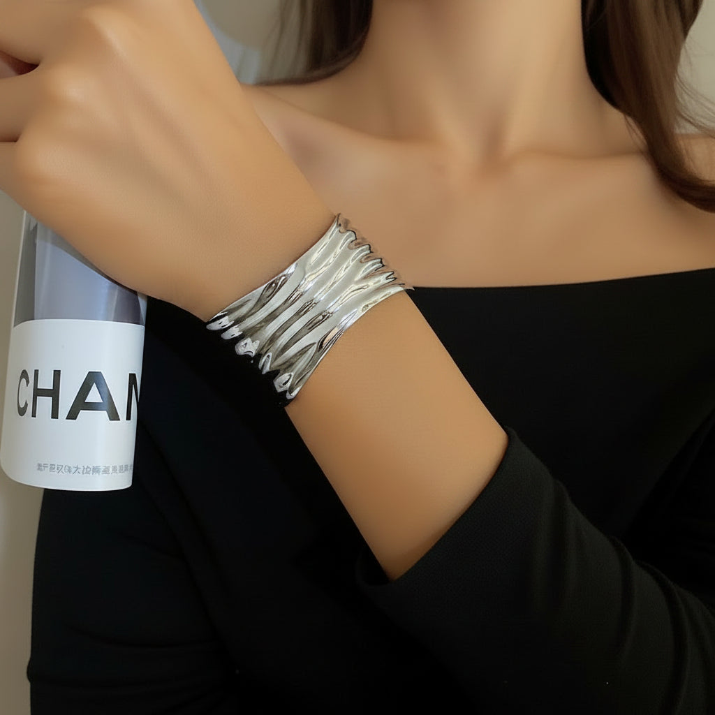 Geometric Textured Round Metal Open Cuff Bracelet| hypoallergenic jewelry