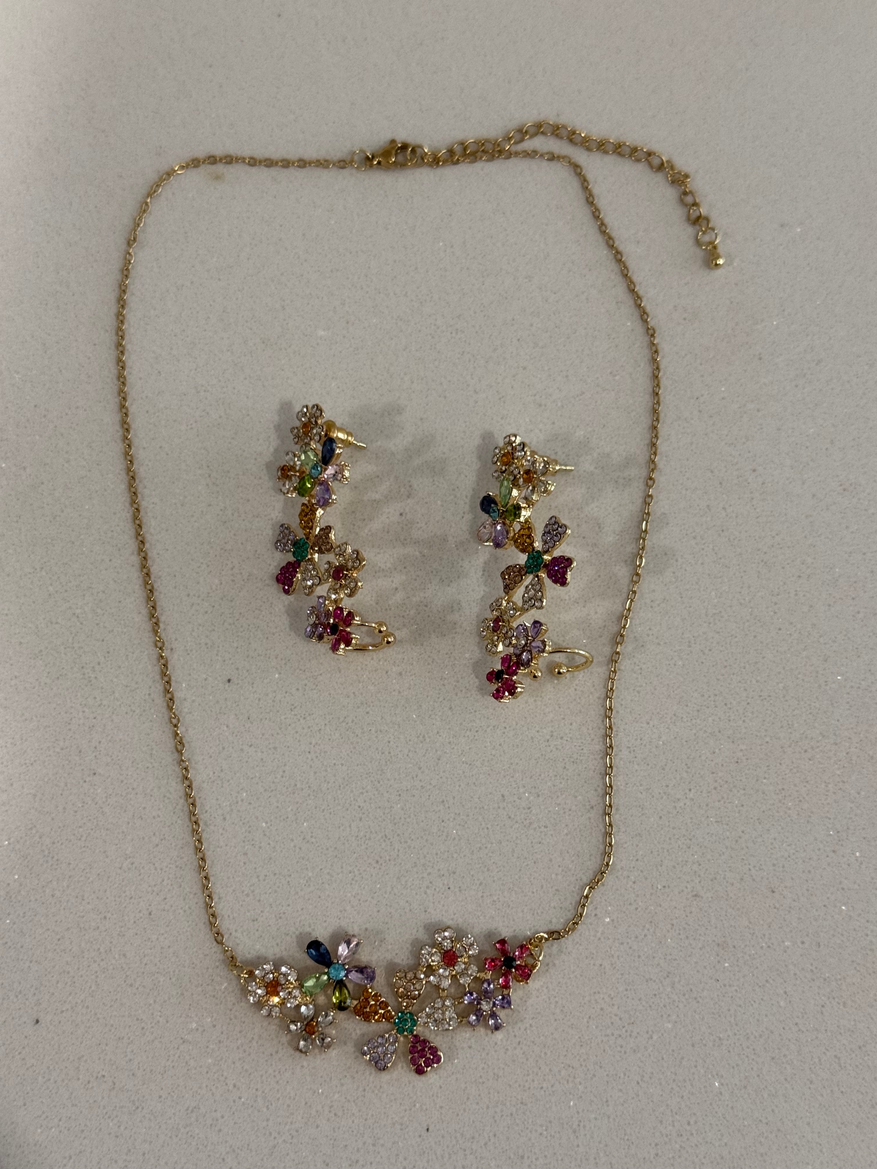 Stainless Steel Diamond-Studded Flower Pendant Necklace and Earring Set  hypoallergenic jewelry| LetheLoom Jewelry