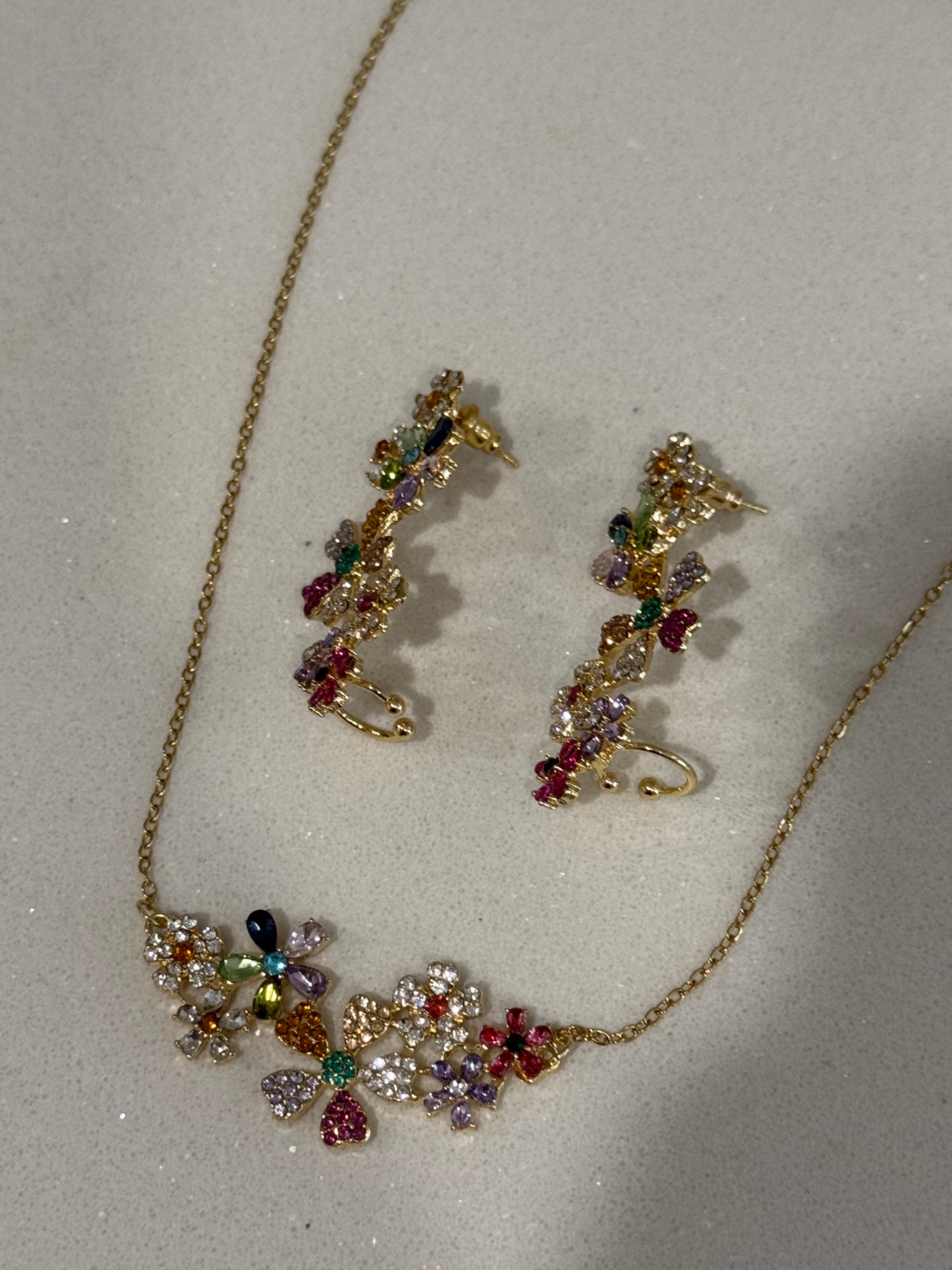 Stainless Steel Diamond-Studded Flower Pendant Necklace and Earring Set  hypoallergenic jewelry| LetheLoom Jewelry