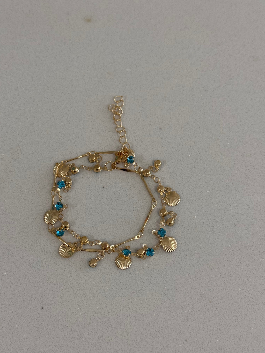 Blue Zircon and Gold Shell Bracelet hypoallergenic jewelry| LetheLoom Jewelry