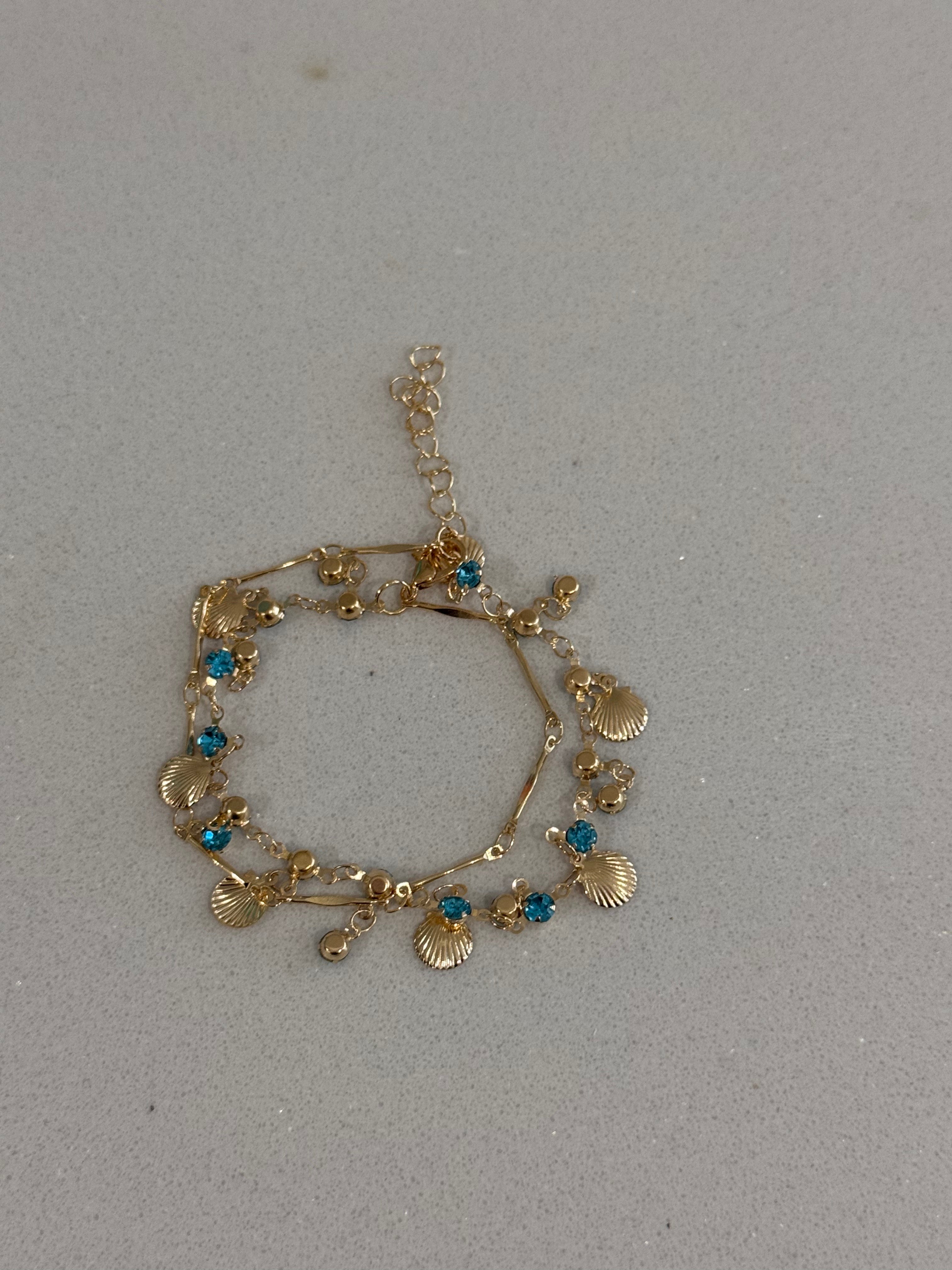 Blue Zircon and Gold Shell Bracelet hypoallergenic jewelry| LetheLoom Jewelry