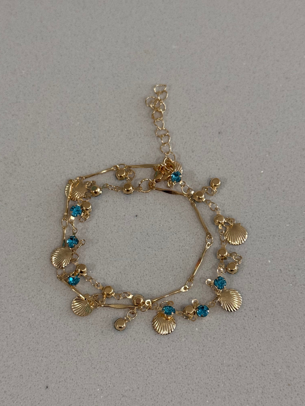 Blue Zircon and Gold Shell Bracelet hypoallergenic jewelry| LetheLoom Jewelry
