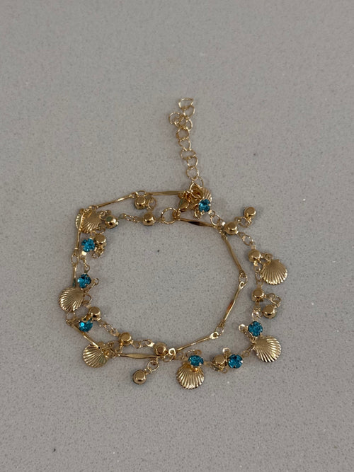 Blue Zircon and Gold Shell Bracelet hypoallergenic jewelry| LetheLoom Jewelry