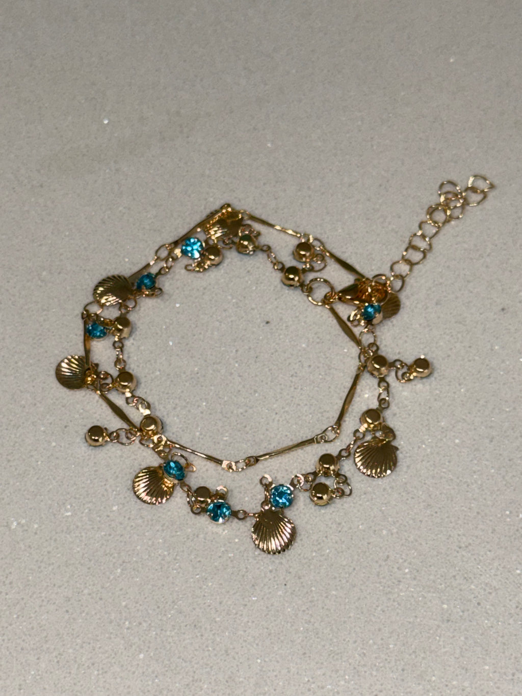 Blue Zircon and Gold Shell Bracelet hypoallergenic jewelry| LetheLoom Jewelry