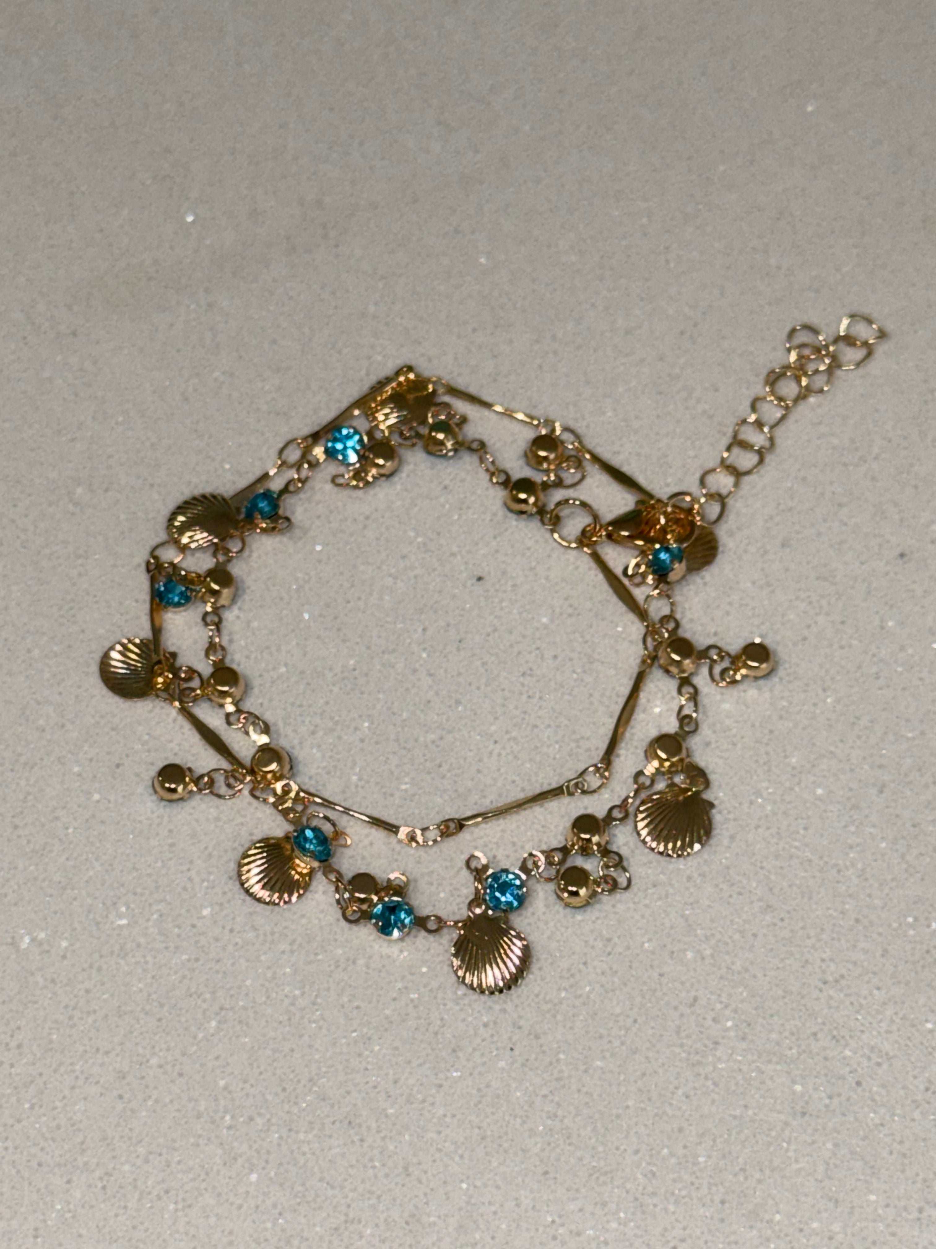 Blue Zircon and Gold Shell Bracelet hypoallergenic jewelry| LetheLoom Jewelry