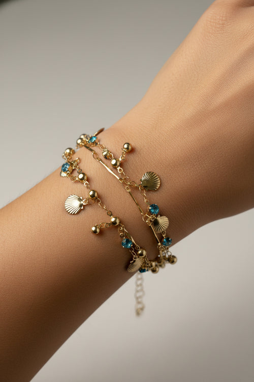 Blue Zircon and Gold Shell Bracelet |hypoallergenic jewelry