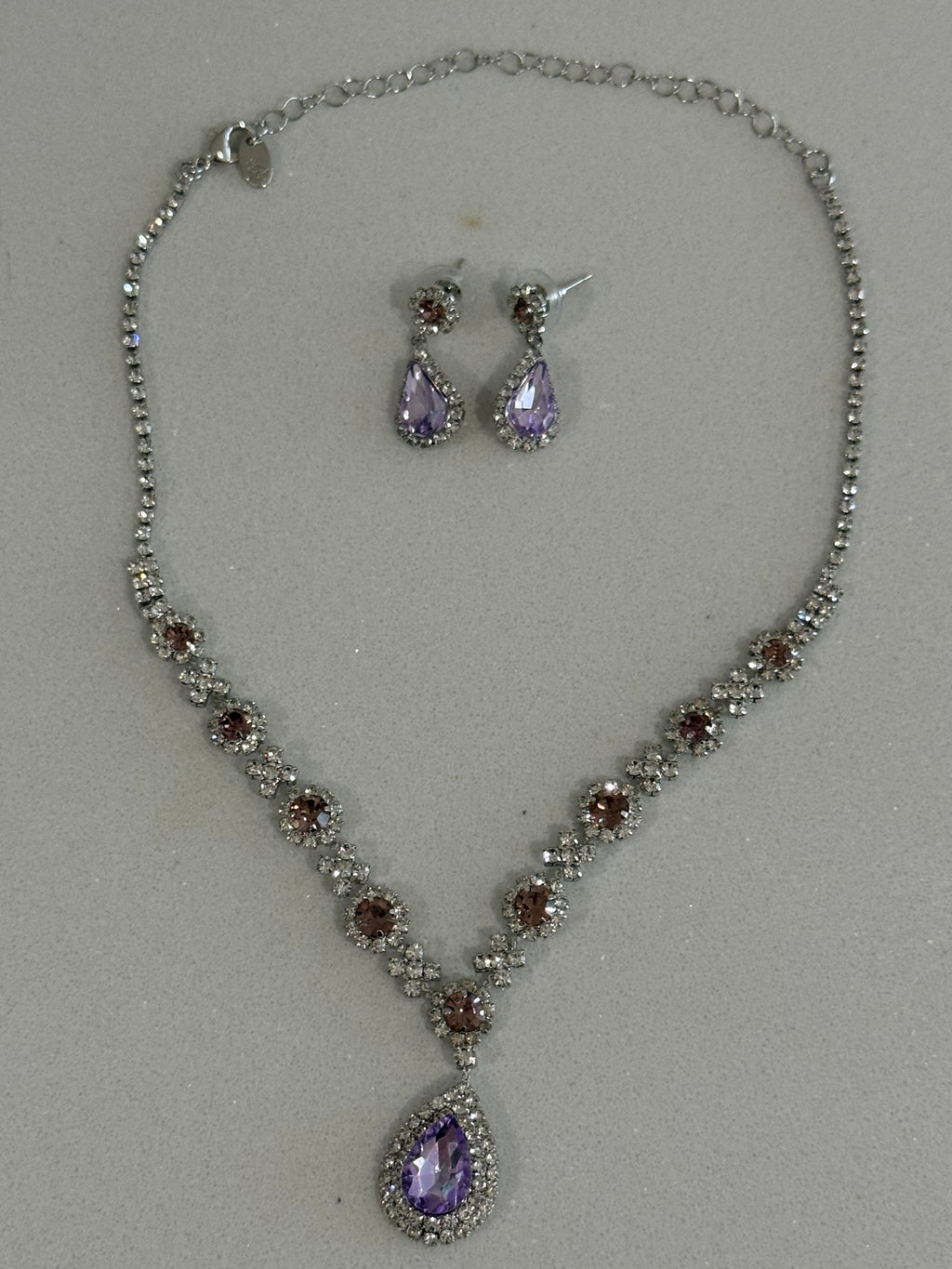 Purple Teardrop Diamond-Studded Earring and Necklace Set hypoallergenic jewelry| LetheLoom Jewelry