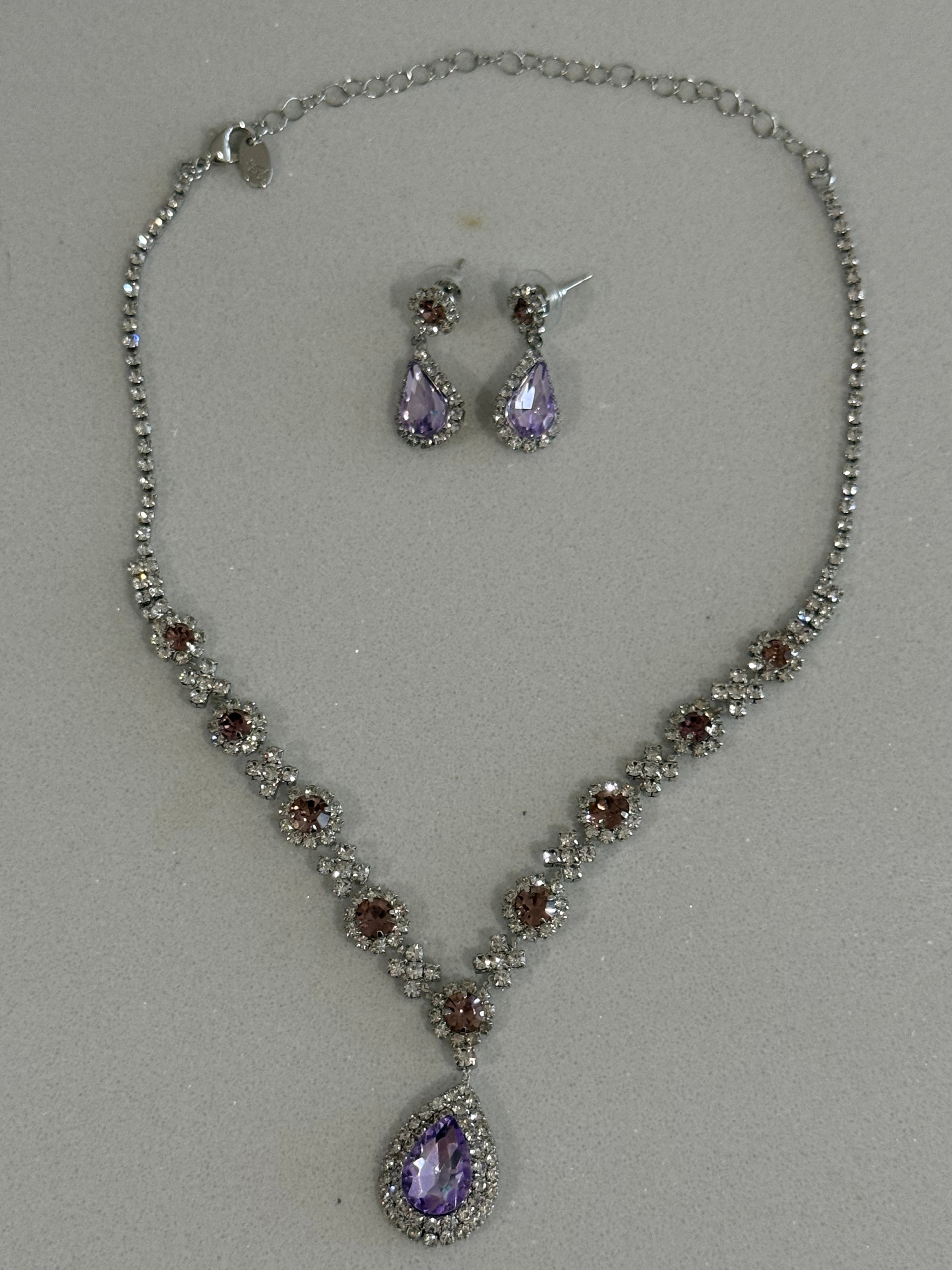 Purple Teardrop Diamond-Studded Earring and Necklace Set hypoallergenic jewelry| LetheLoom Jewelry