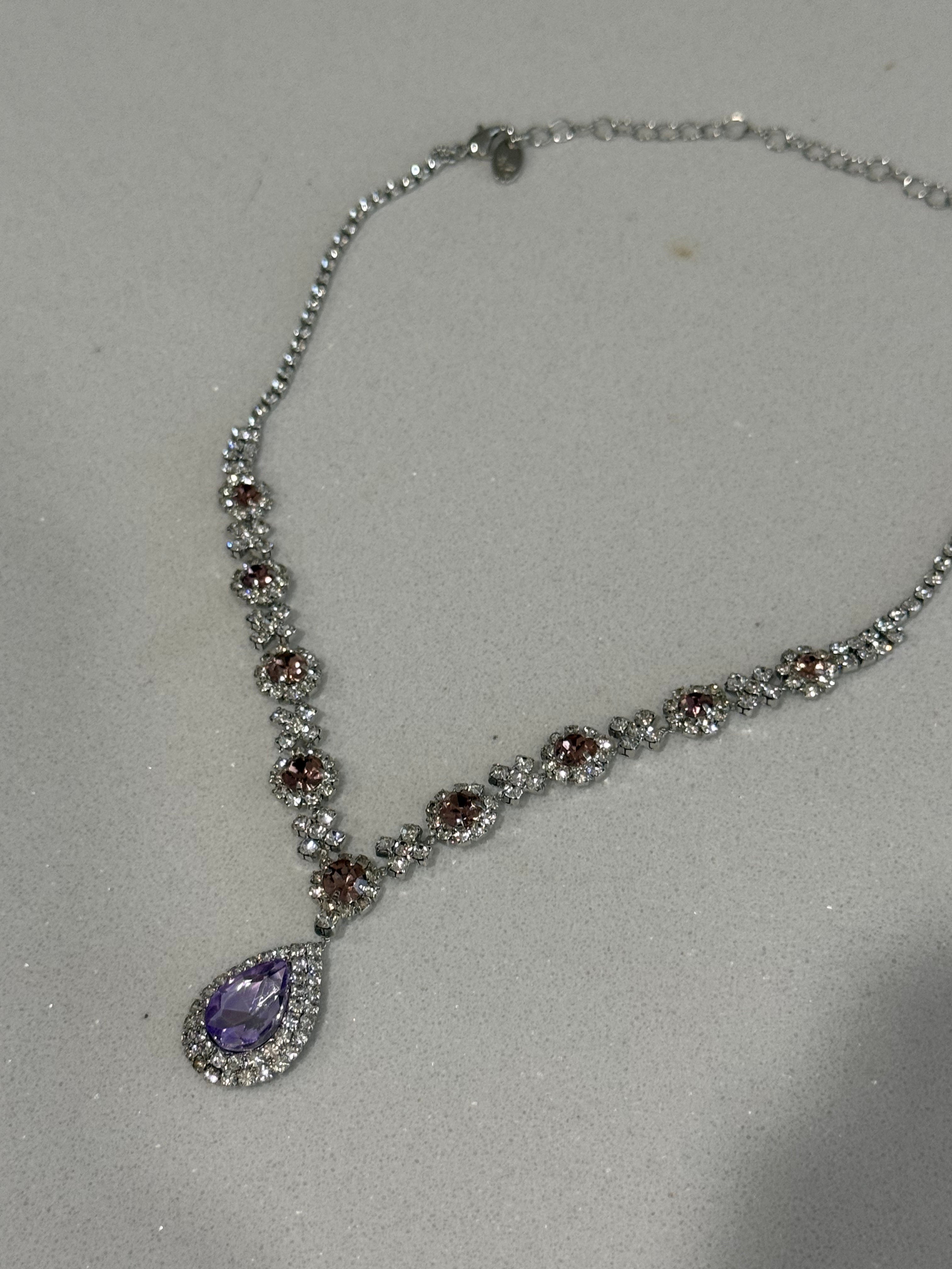 Purple Teardrop Diamond-Studded Earring and Necklace Set hypoallergenic jewelry| LetheLoom Jewelry