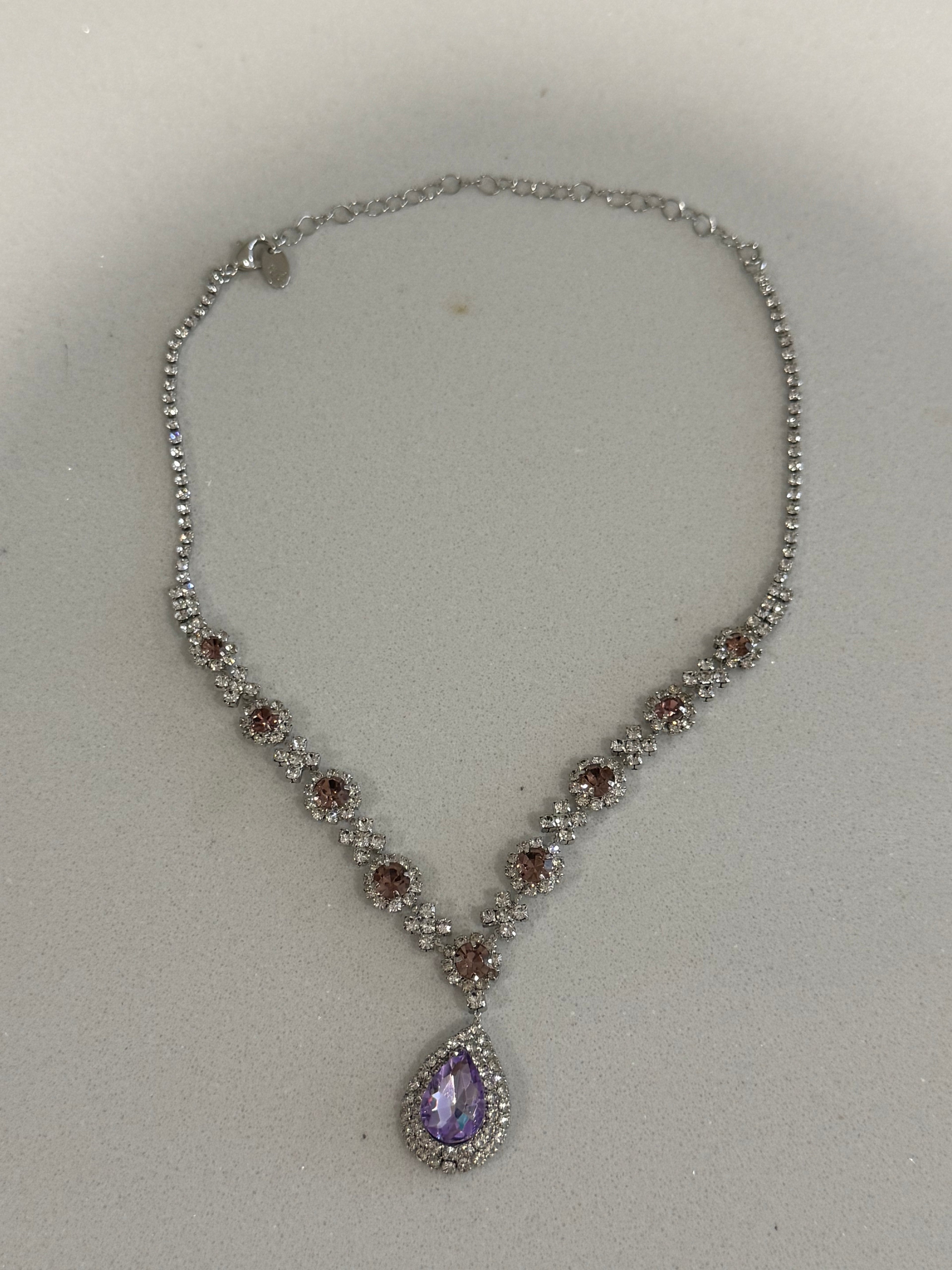 Purple Teardrop Diamond-Studded Earring and Necklace Set hypoallergenic jewelry| LetheLoom Jewelry