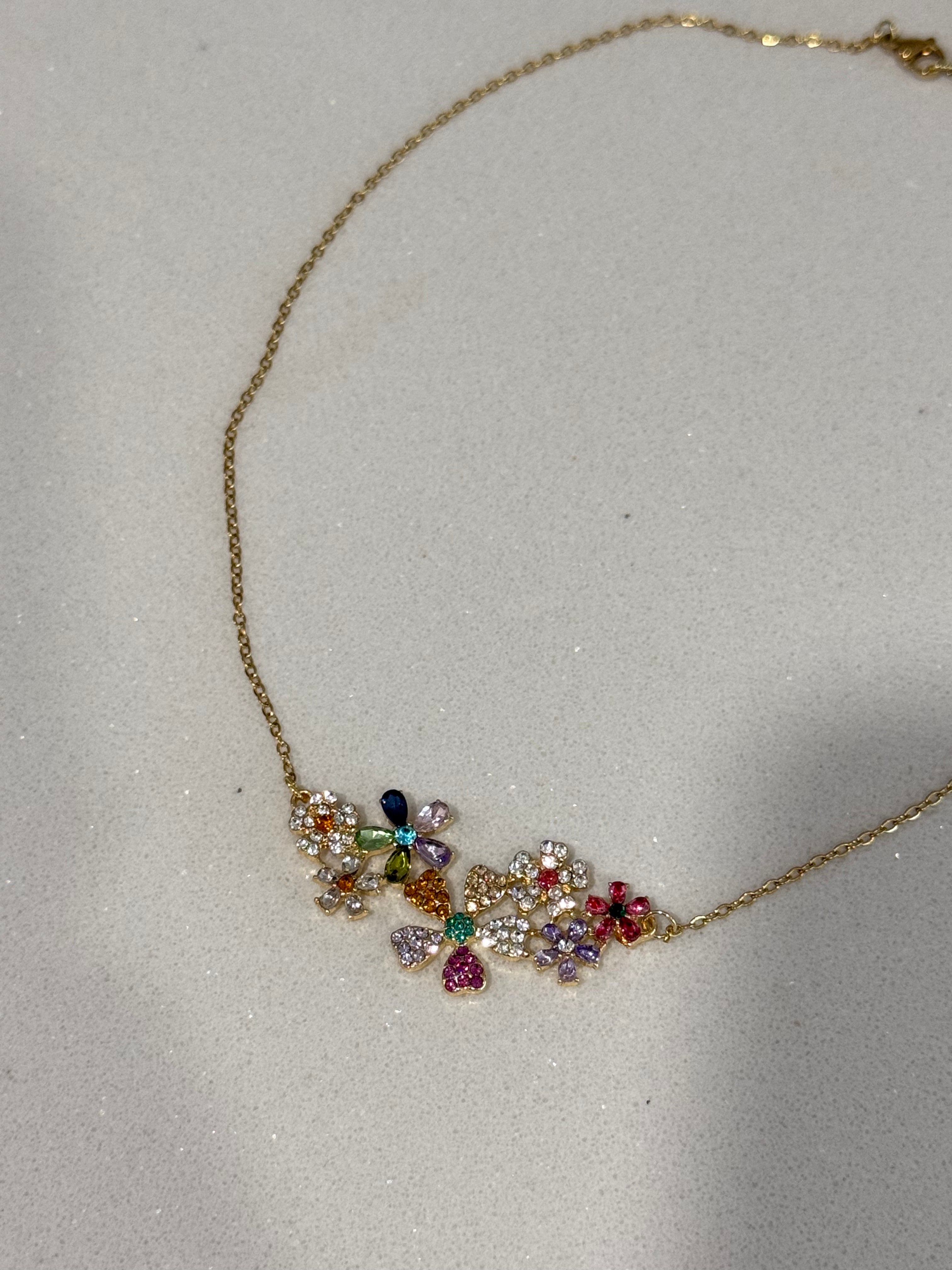 Stainless Steel Diamond-Studded Flower Pendant Necklace and Earring Set  hypoallergenic jewelry| LetheLoom Jewelry