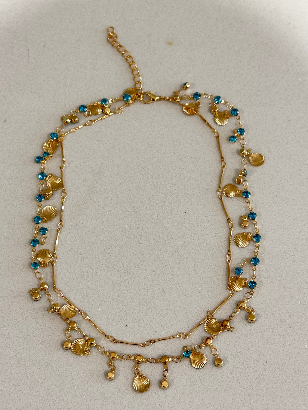 Blue Zircon and Gold-Coloured Shell Necklace hypoallergenic jewelry| LetheLoom Jewelry