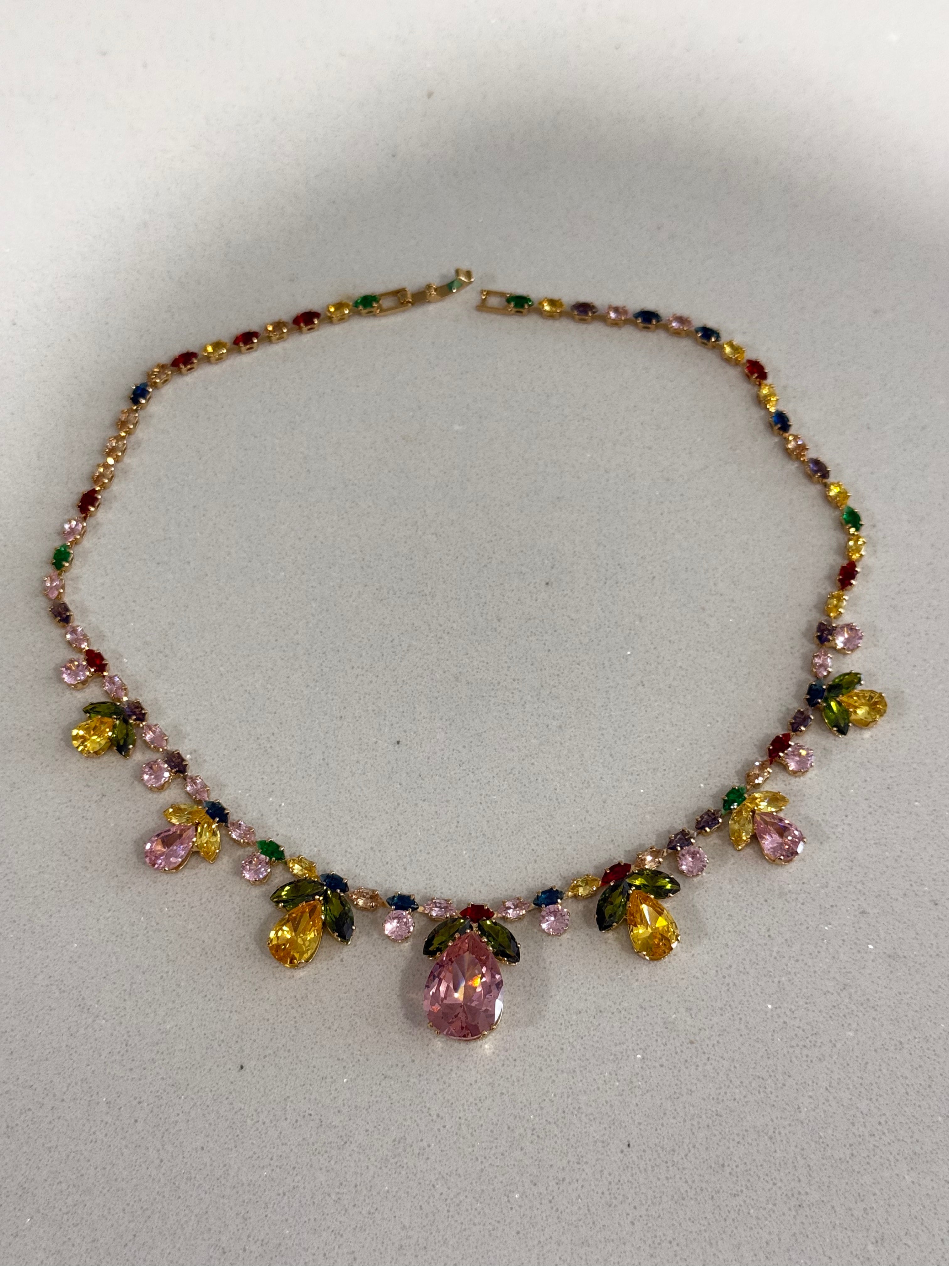 Colorful Zircon Teardrop and Leaf Necklace  hypoallergenic jewelry| LetheLoom Jewelry