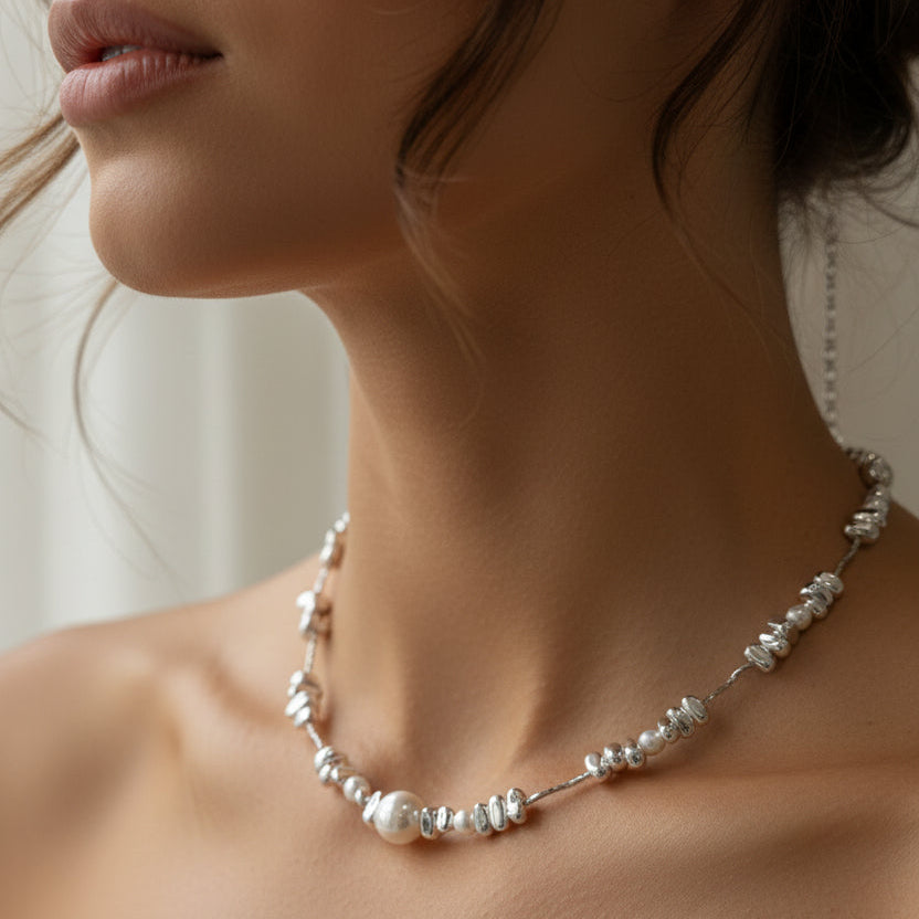 Silver Irregular Pearl Necklace and Bracelet| hypoallergenic jewelry