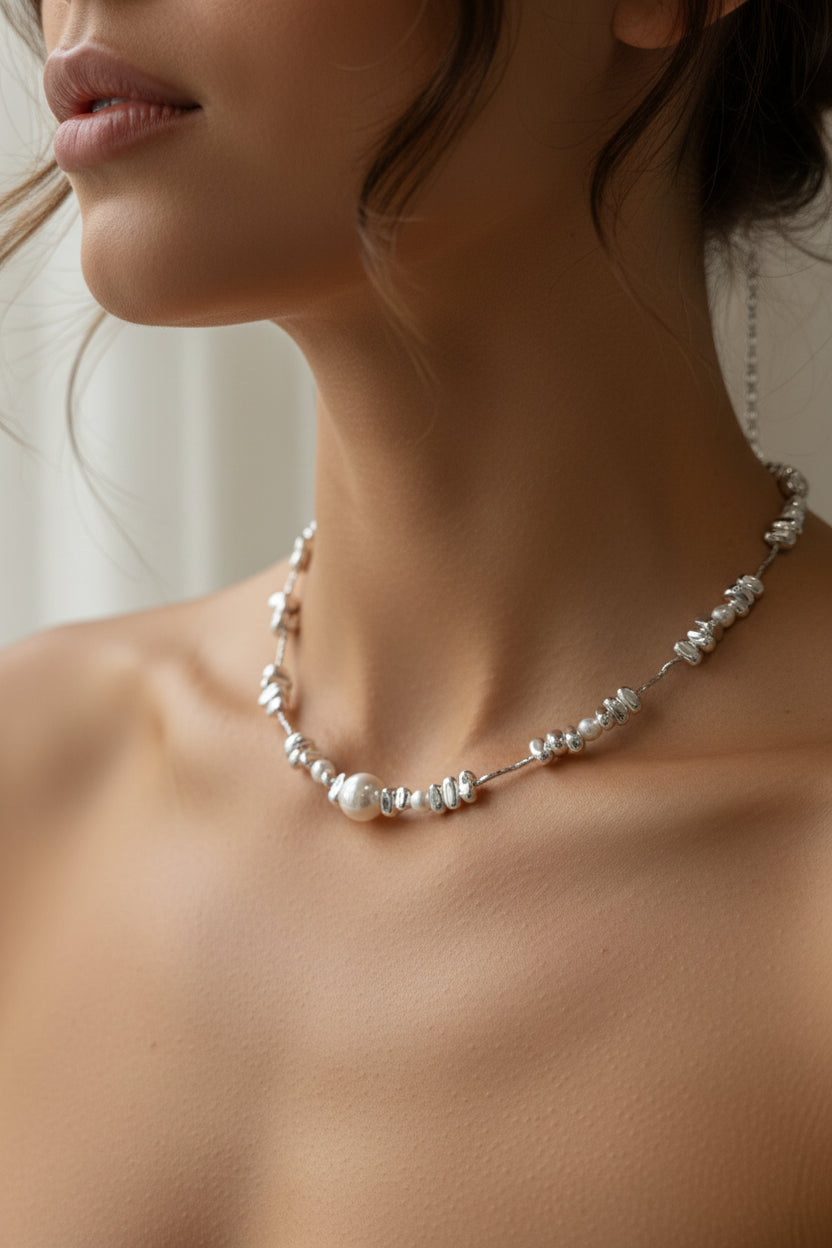 Silver Irregular Pearl Necklace and Bracelet| hypoallergenic jewelry