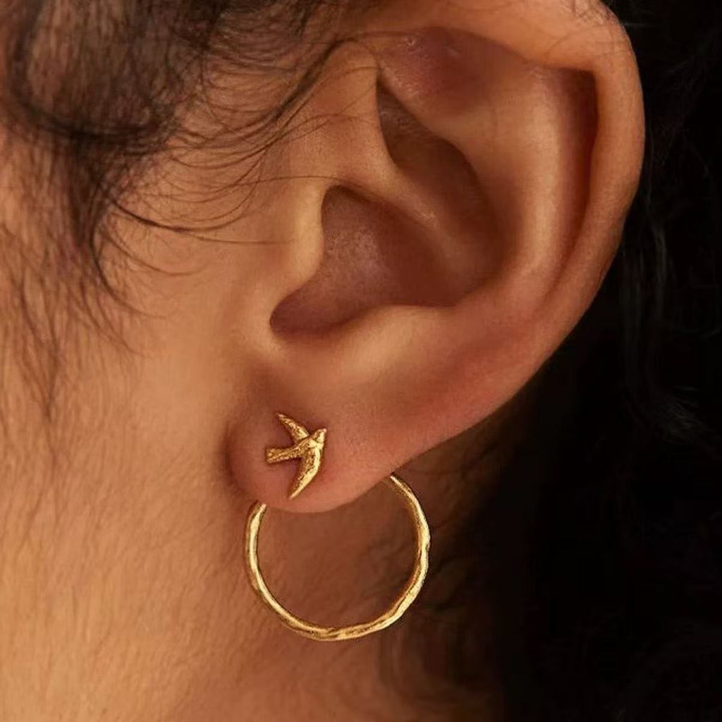 Golden Bird Charm Hoop Earrings