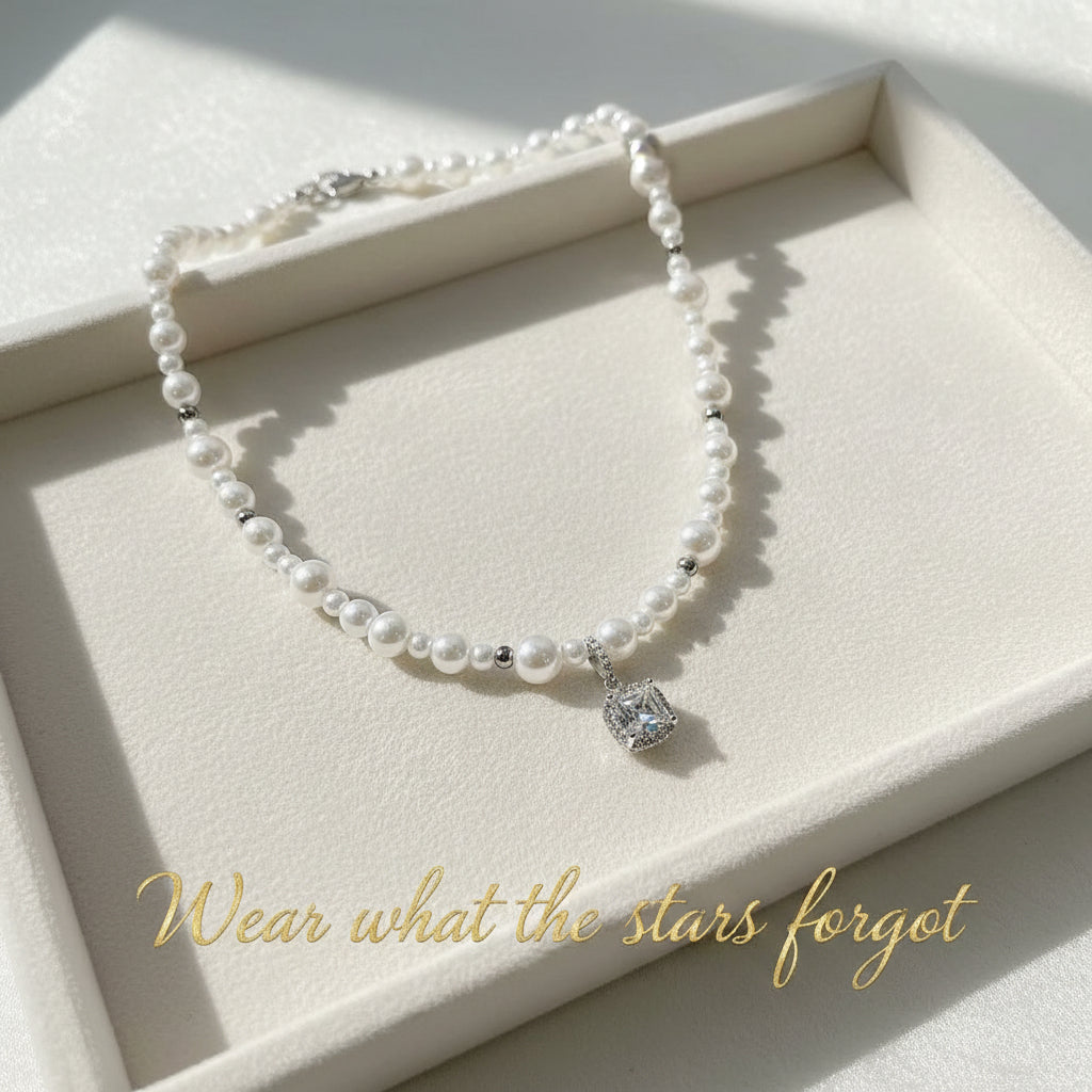 Square Crystal Pearl Choker Necklace