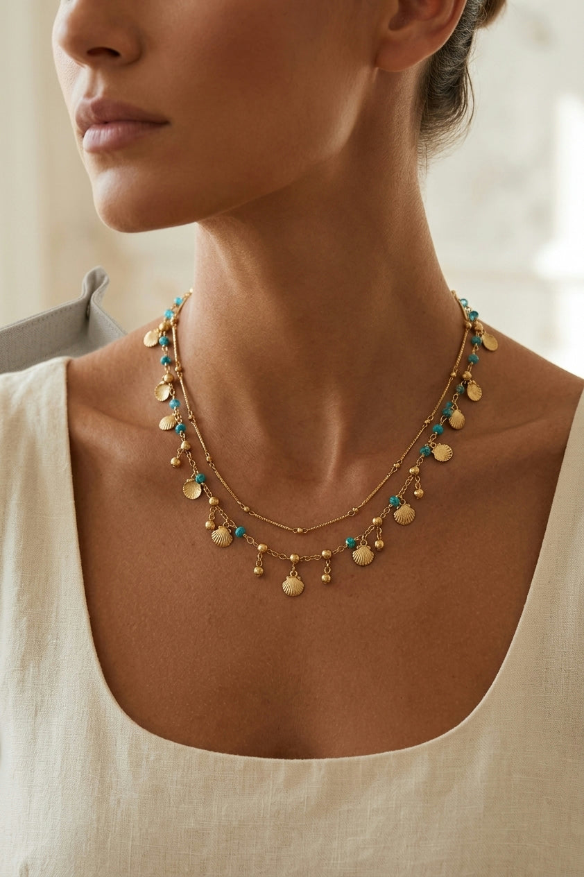 Blue Zircon and Gold-Coloured Shell Necklace| hypoallergenic jewelry