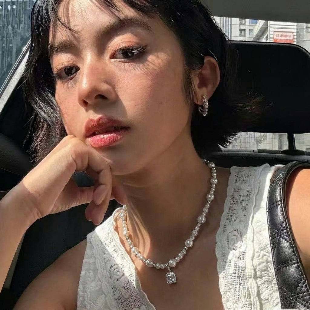 Square Crystal Pearl Choker Necklace