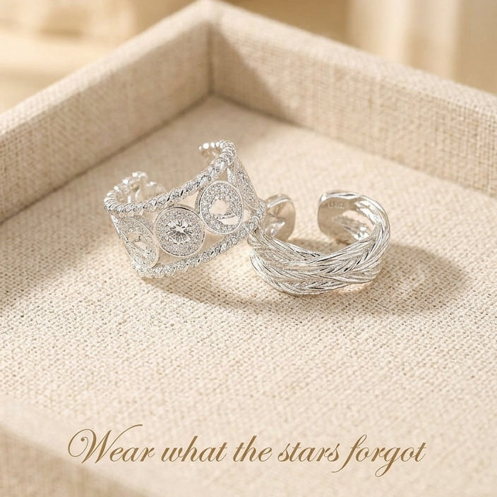 Wide Band Engraved Coin Open Ring Set